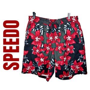 SPEEDO Men's Board Shorts Swim Trunks Black Red Hawaiian Floral, Size M
